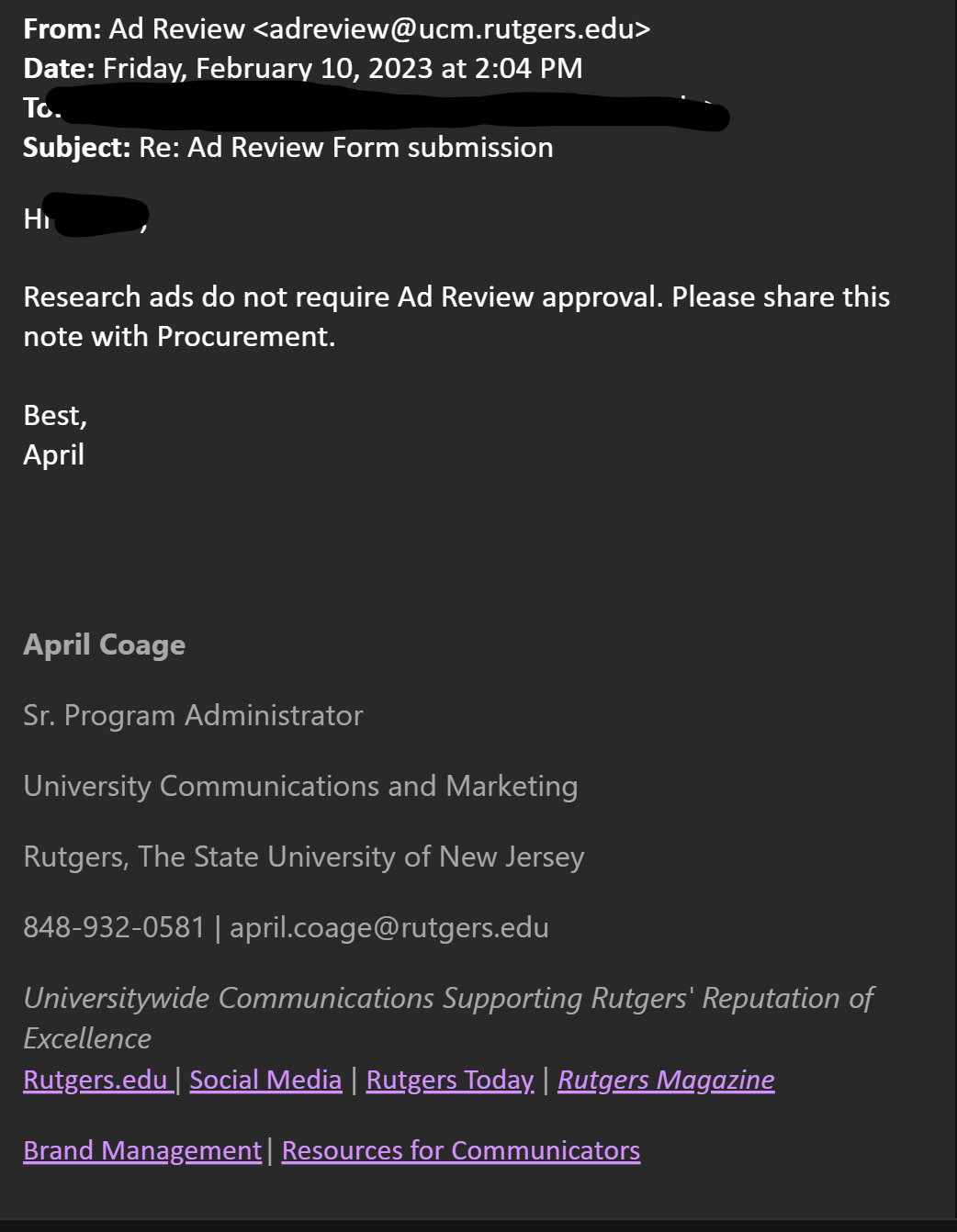 Research ads need no UCM review
